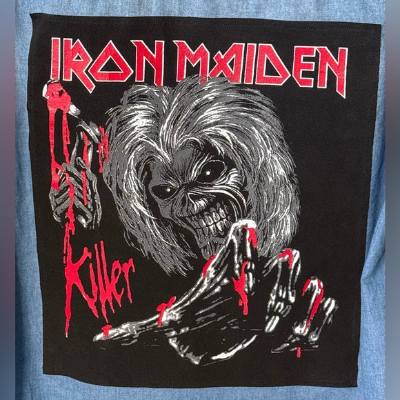 Upcycled IRON MAIDEN Red & Black Graphic Tee On TORRID Size 0 Denim Shirt OOAK - Picture 4 of 7